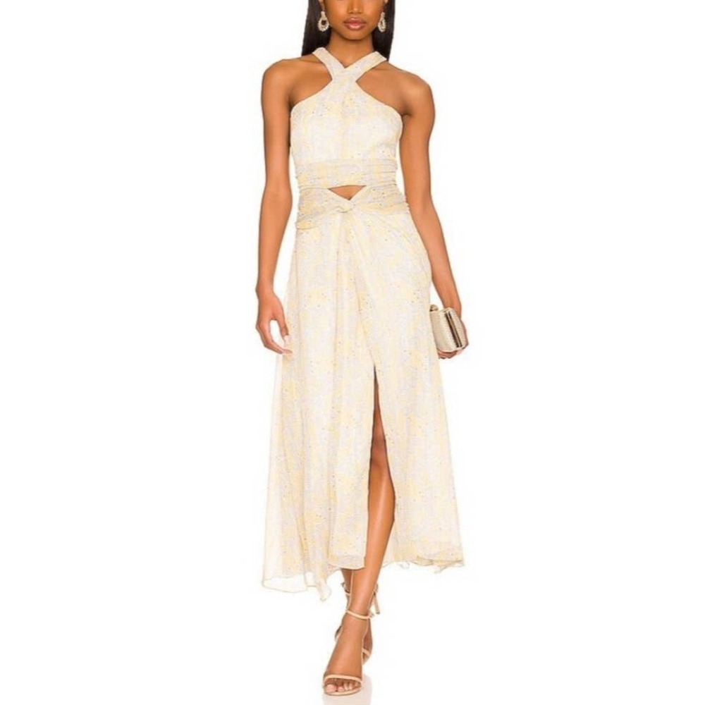 Likely x Revolve Lucy Twisted Cut Out Paisley Floral Metallic Midi Dress 0 New